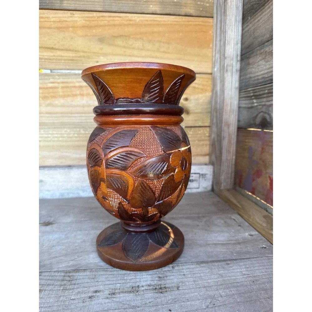 Vintage Hand Carved Wood  Bud Vase Folk Art Decor Flower Donkey‎ Palm Design